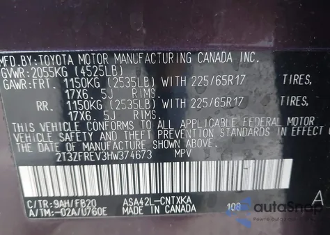 2017 Toyota Rav4 Le из США, поврежденный, VIN 2T3ZFREV3HW374673